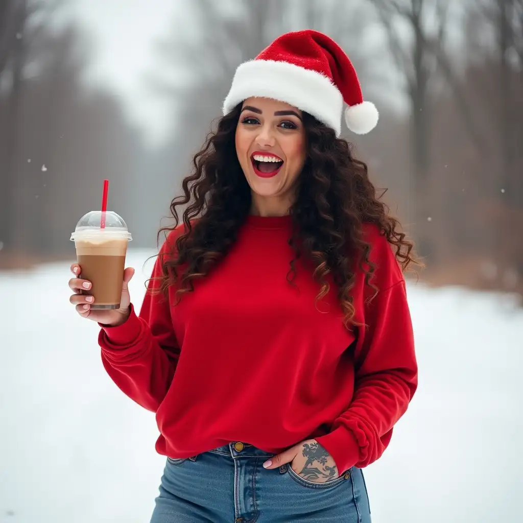 Curvy-Woman-in-Winter-Setting-Holding-Iced-Coffee-with-Santa-Hat