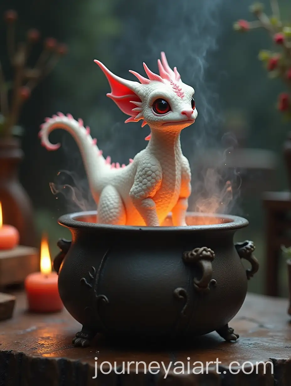 Magical-White-Wyvern-Emerging-from-Iron-Cauldron-in-Mystical-Laboratory