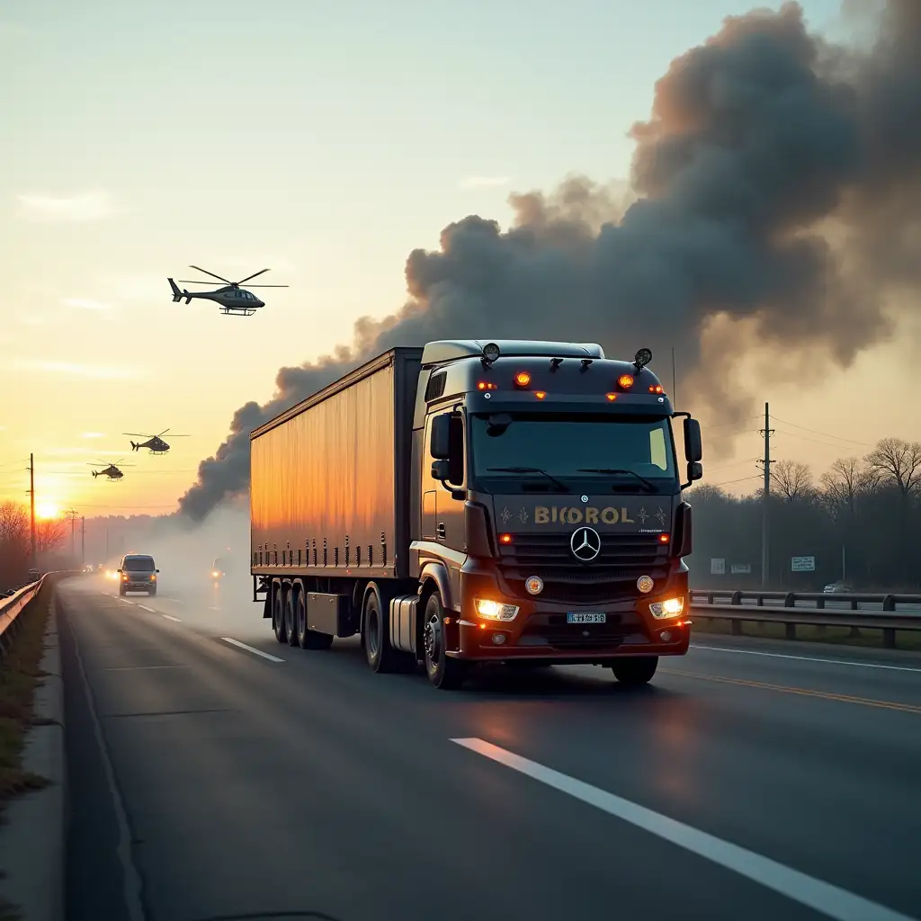 I need a picture of an armored truck heist with them using the foam that melts away the side of the metal on the armored truck and it's on a highway and in the back you can see there's a big accident with smoke everywhere and helicopters in the air