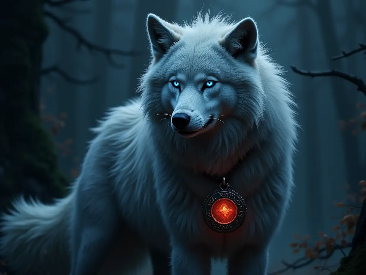 stands tall, its piercing, glowing eyes (icy blue, silver, or crimson) burning through the darkness. Its fur is windswept and slightly battle-worn, detailed with high realism, as if it is a creature of legend. Around its neck hangs an ancient, rune-inscribed medalion, glowing faintly with otherworldly energy—perhaps a relic of forgotten magic or a symbol of an ancient prophecy.