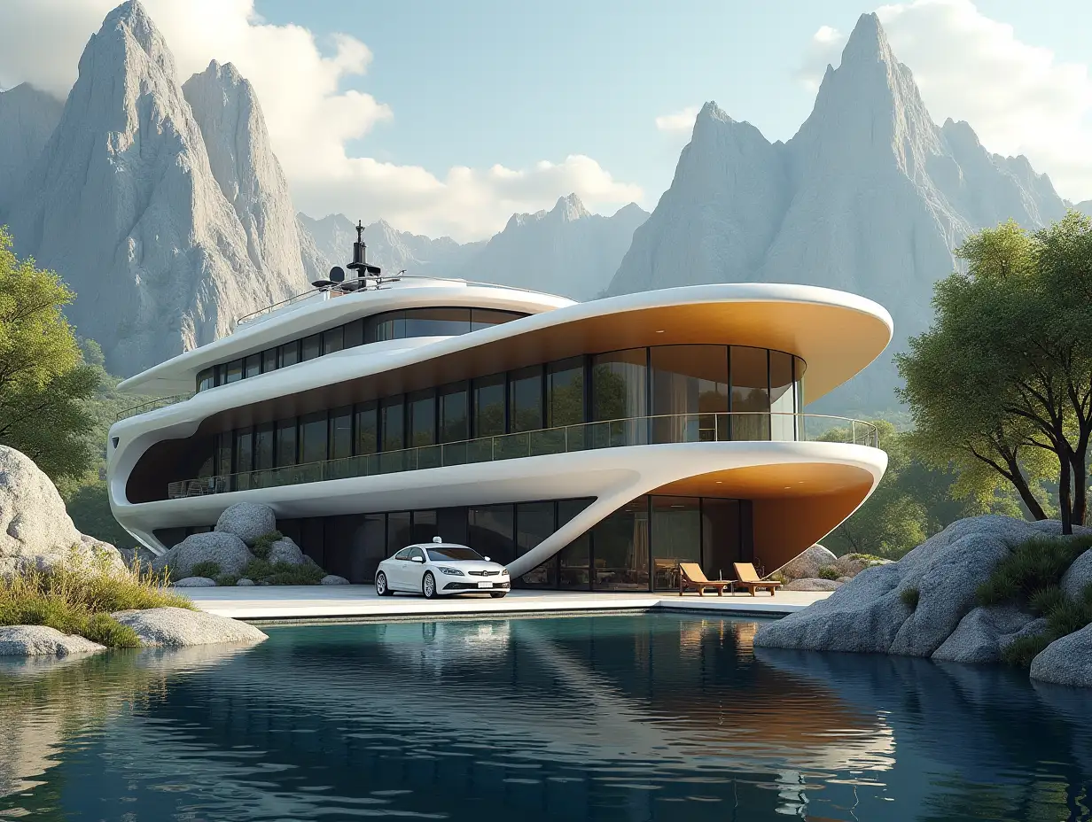 Create a high-resolution realistic image in 4k resolution a futuristic gold with black building with curved pillars, mountains large trees, rocks flowers a futuristic big white yacht with glass window cloudy sky