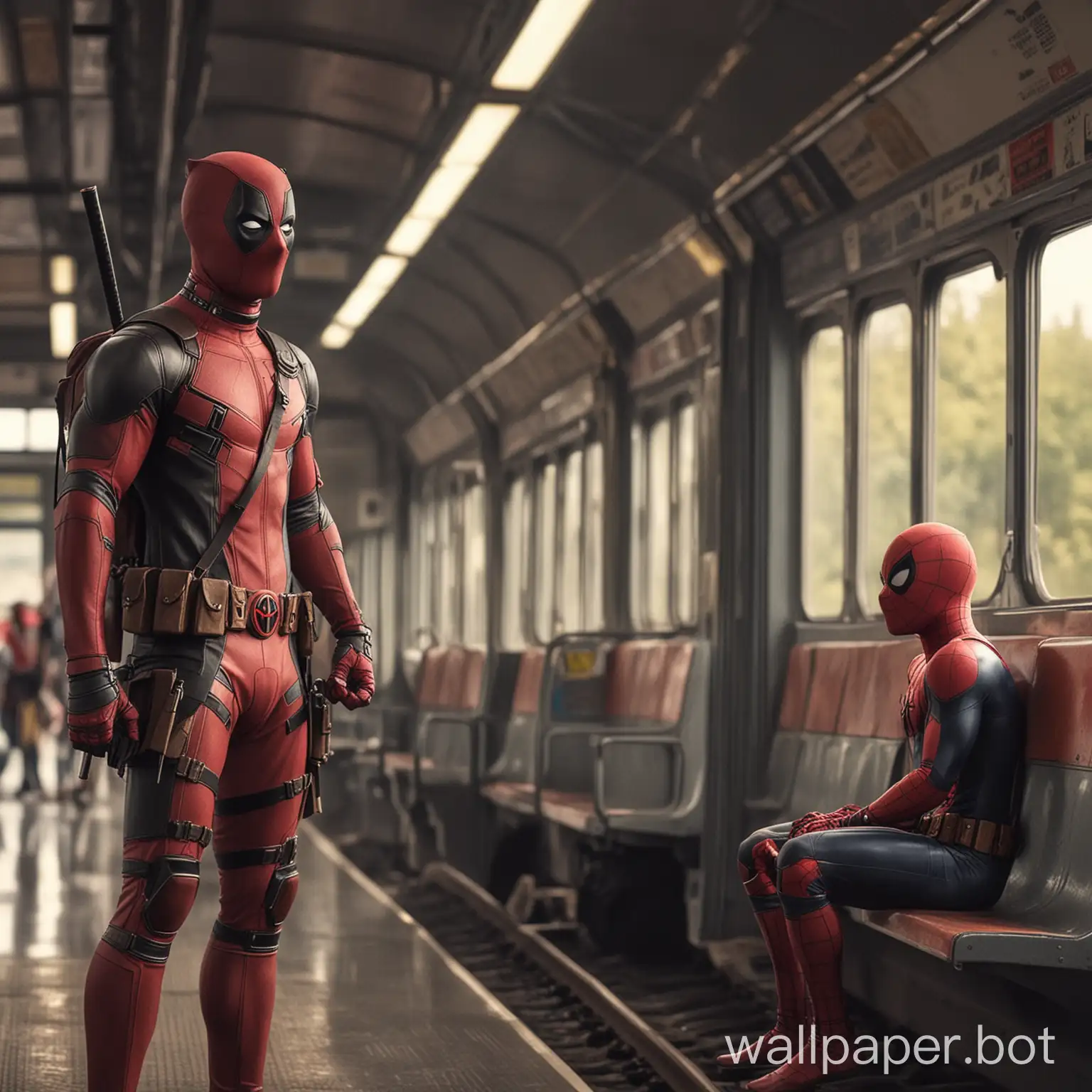 Deadpool and spiderman go to school by train