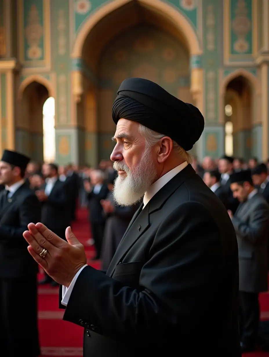 In a traditional Tehran mosque, Donald Trump, dressed as a cleric in traditional Iranian religious attire (a black turban and similar clerical attire), is praying and worshipping among the congregation. His face is in a supplicating and praying manner, and behind him, a crowd of people are praying in orderly rows. The mosque’s space is showcased with traditional Iranian architectural elements such as inscriptions, beautiful arches, and traditional decorative details, and the lighting is warm and pleasant.