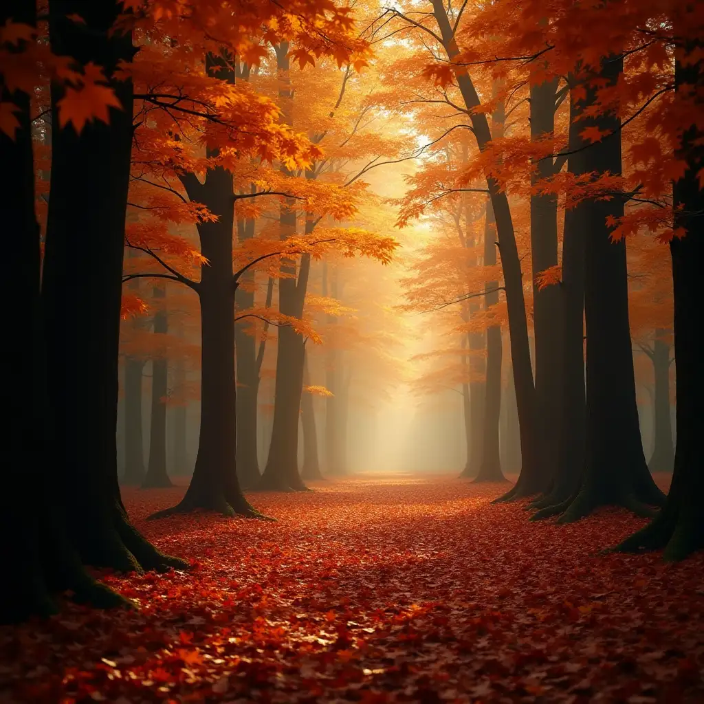 Autumn, falling leaves, warm, colouful forest and mystery