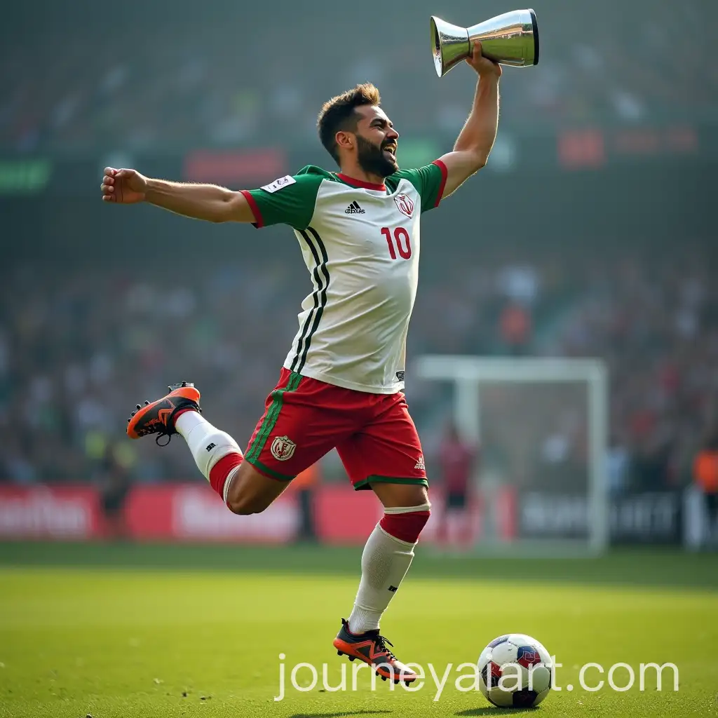 Iran-Football-Player-in-Jersey-Holding-RocketShaped-CupAI-Image-Prompt-Expansion-and-Ball-in-Joyful-Jump