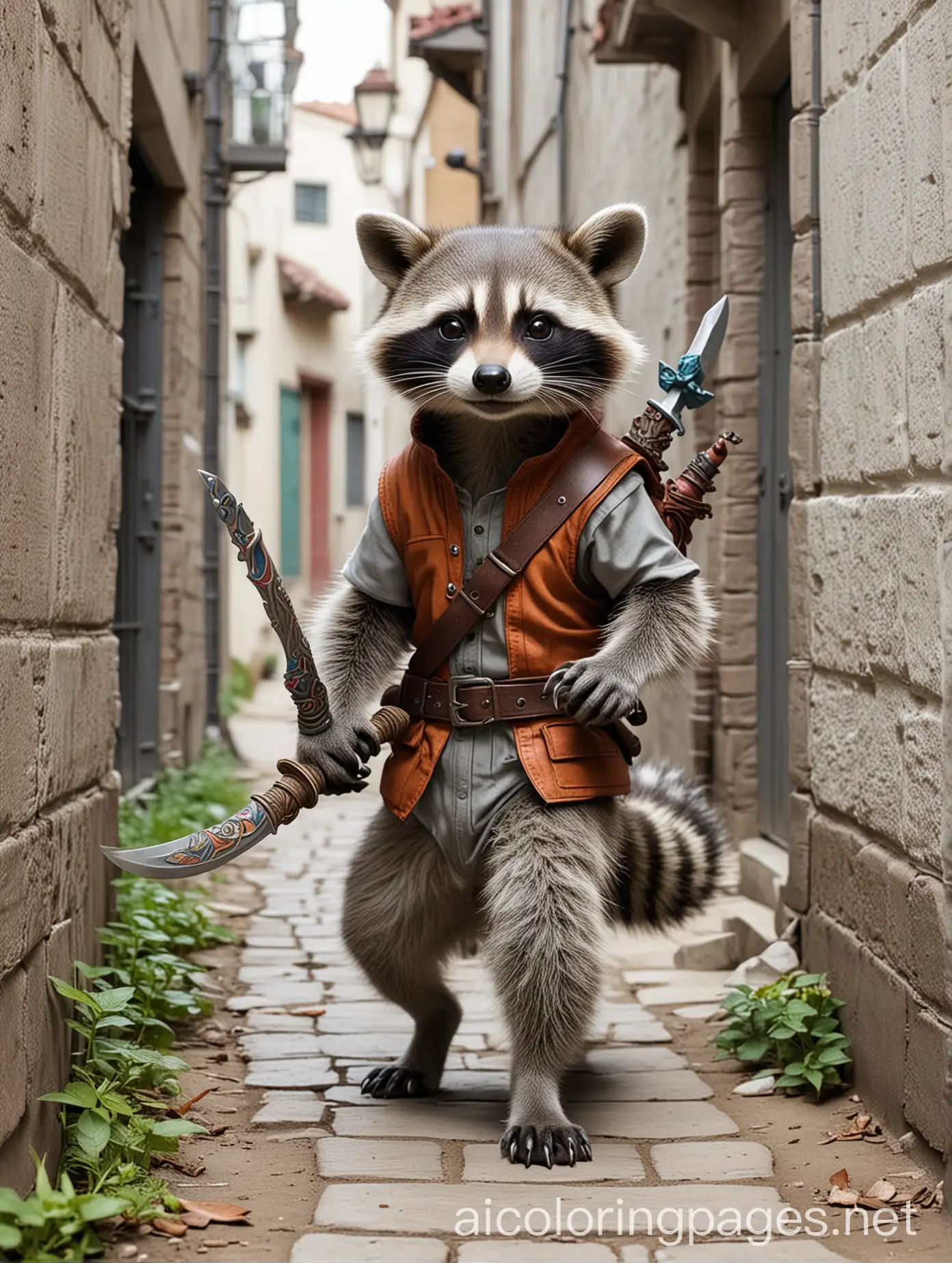 Fantasy-Raccoon-Sneaking-with-Dagger-in-Colorful-Alleyway