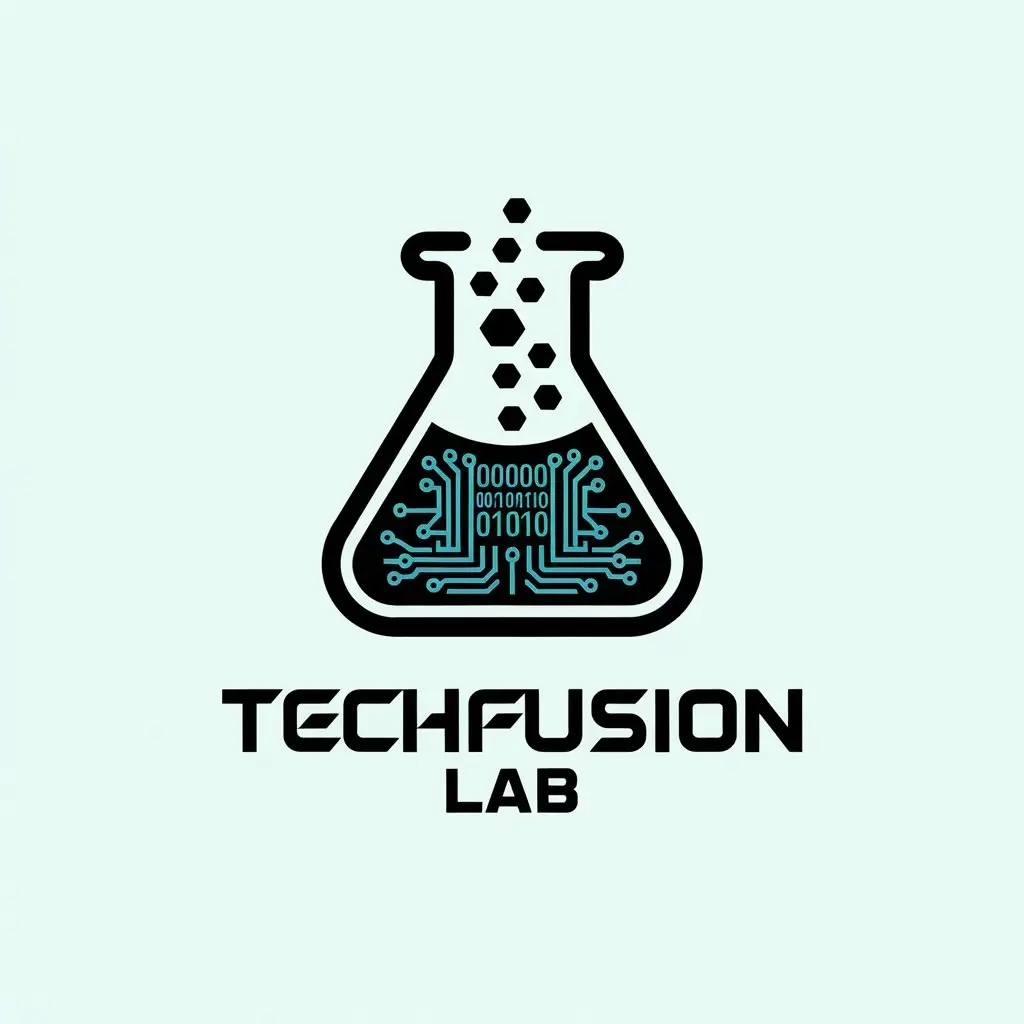 LOGO Design for TechFusion Lab Stylized Hexagonal Lab Beaker with Glowing Binary Code and Circuitry Patterns