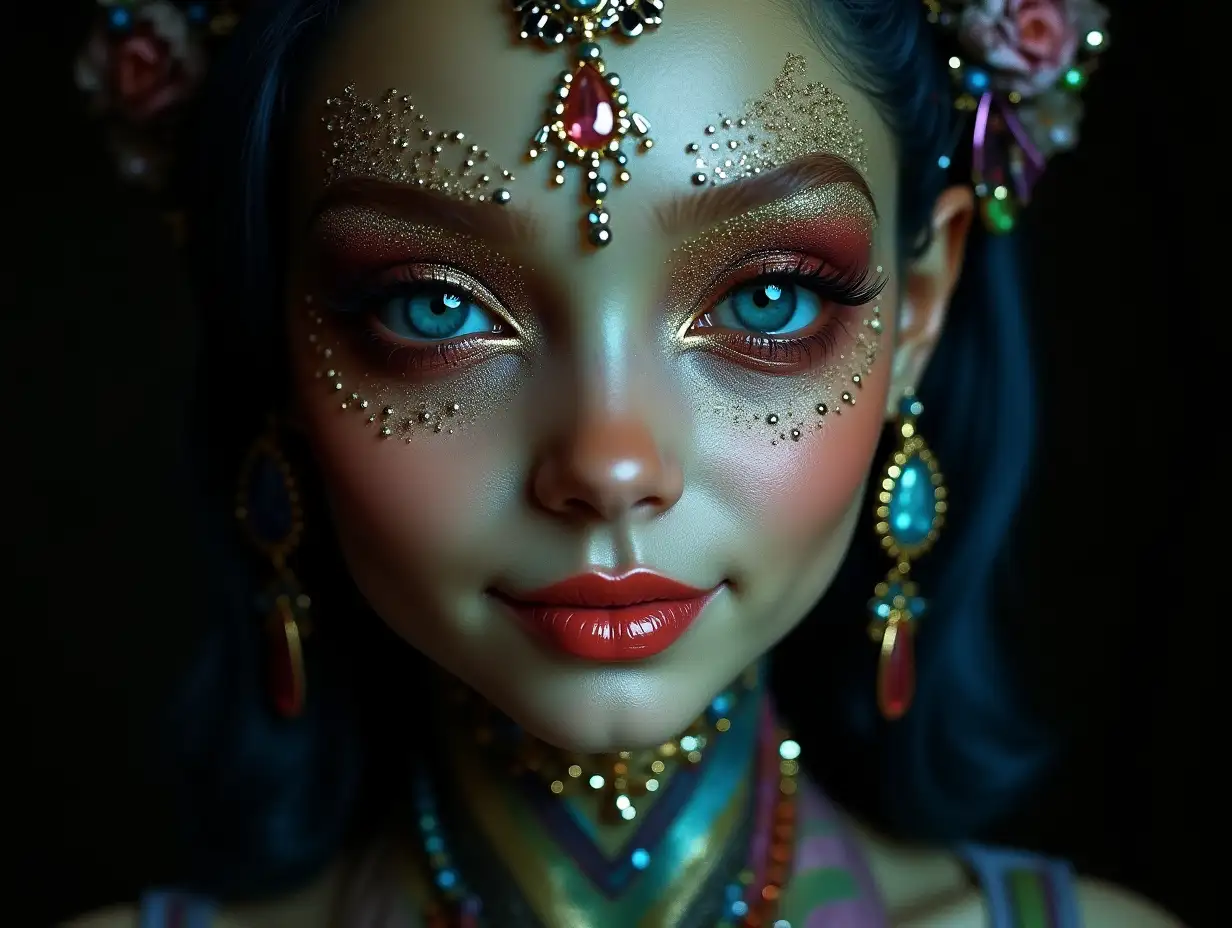 Representation of a beautiful alien with makeup, glittering around the eyes with a smile and intricately detailed, colorful, and futuristic jewelry. A blurred black background, 120-mm shot