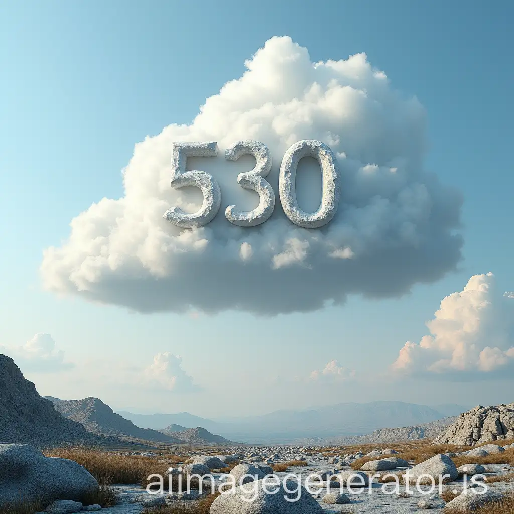 Art, where numbers 530 are engraved on a cloud, the cloud in the sky, with a rocky landscape below, 8k