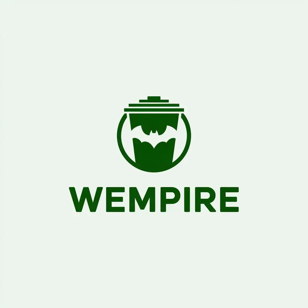 LOGO Design for Wempire Minimalistic Green Logo Featuring Trash Bag and Stylized Bat in a Circle