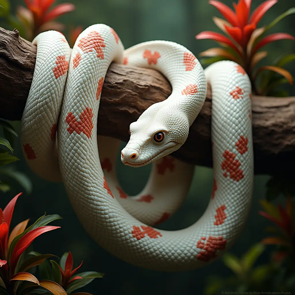 Ultradetailed hyperrealistic portrait of a white snake with red pattern hanging on a thick branch on a branch with intricately detailed, colorful plants in the background colorful plants background