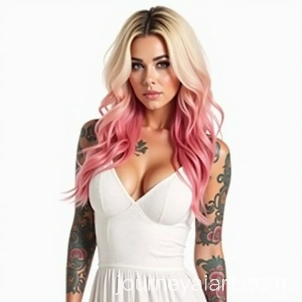 Lady-with-Tattoos-and-Ombre-PinkBlond-Hair-in-White-Dress