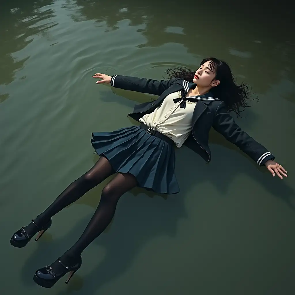 user_prompt: A young schoolgirl in a school uniform, with a skirt, jacket, blouse, dark stockings, high-heeled shoes. She is swimming in a dirty pond, lying underwater, her clothes are completely wet, the wet clothes stick to the body, the whole body is under water, submerged in water, under the water surface, below the edge of the water.