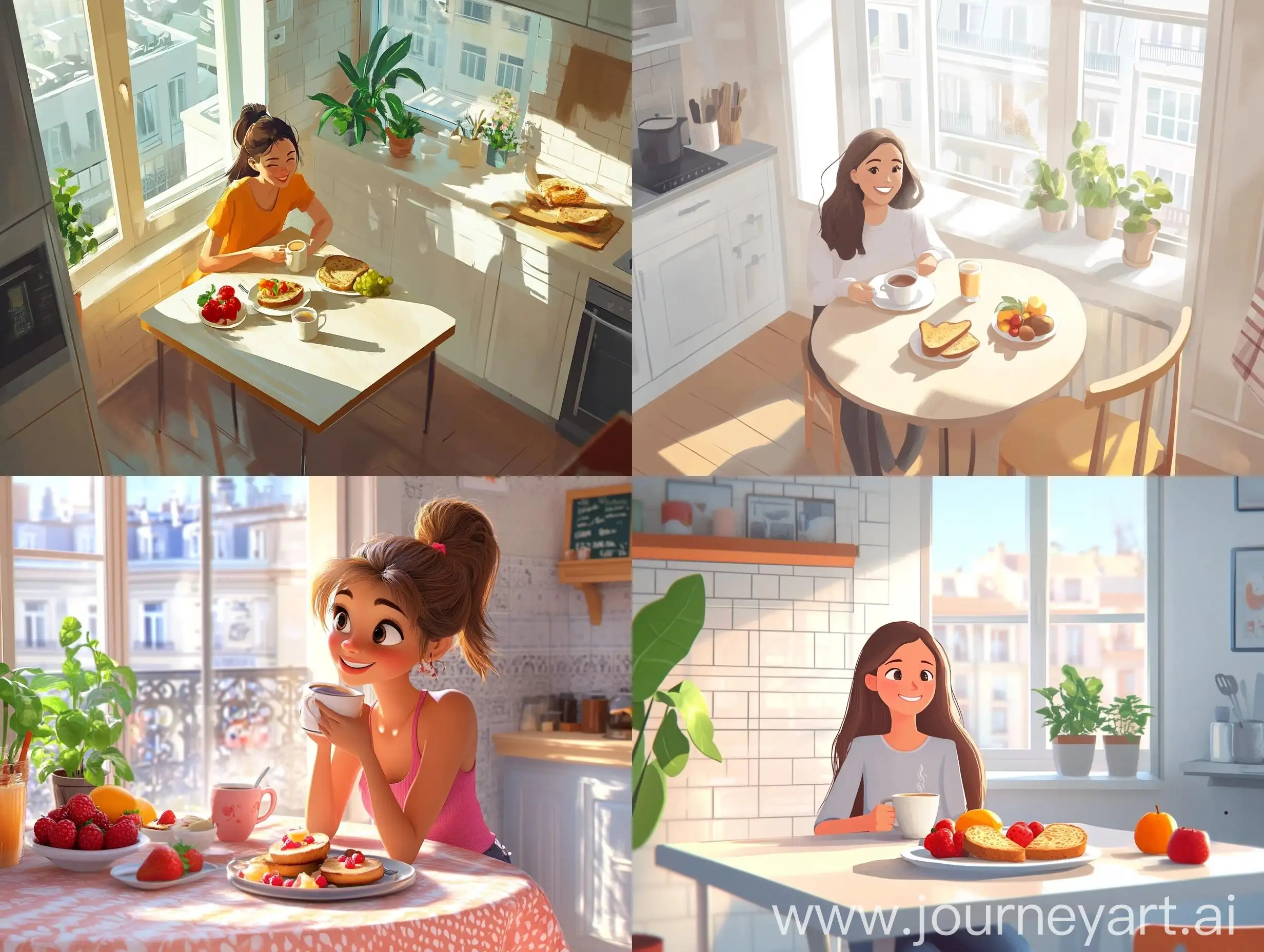 Morning-Breakfast-Scene-with-Smiling-Girl-in-Casual-Clothes