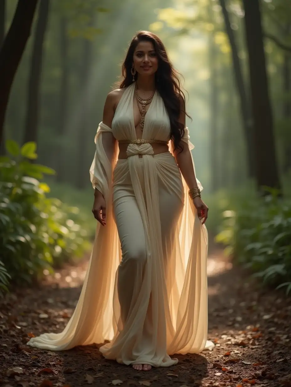 A voluptuous and beautiful Indian apsara in a head-to-toe, full-body pose, draped solely in a single flowing sari that sensuously clings to her voluptuous figure, accentuating her curves with divine elegance. The sari wraps delicately around her body, flowing naturally as she walks barefoot along a mystical forest path, its fabric light and ethereal.  Her expression exudes seductive smile and captivating eyes that draw attention effortlessly. Her radiant glow amplifies her enchanting beauty, making her appear both ethereal and divinely seductive