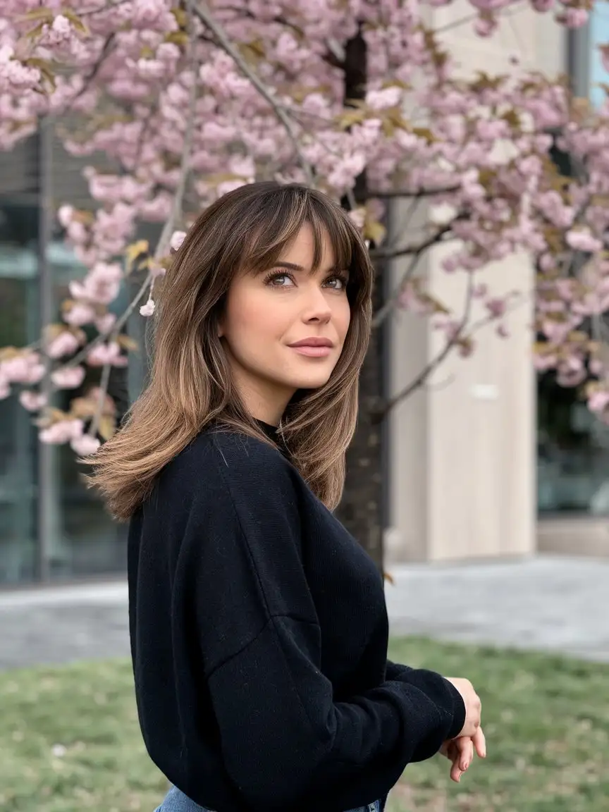 brunette woman, shoulder length hair, hazel eyes, jeans, black sweater that is from behind looking at a cherry tree
