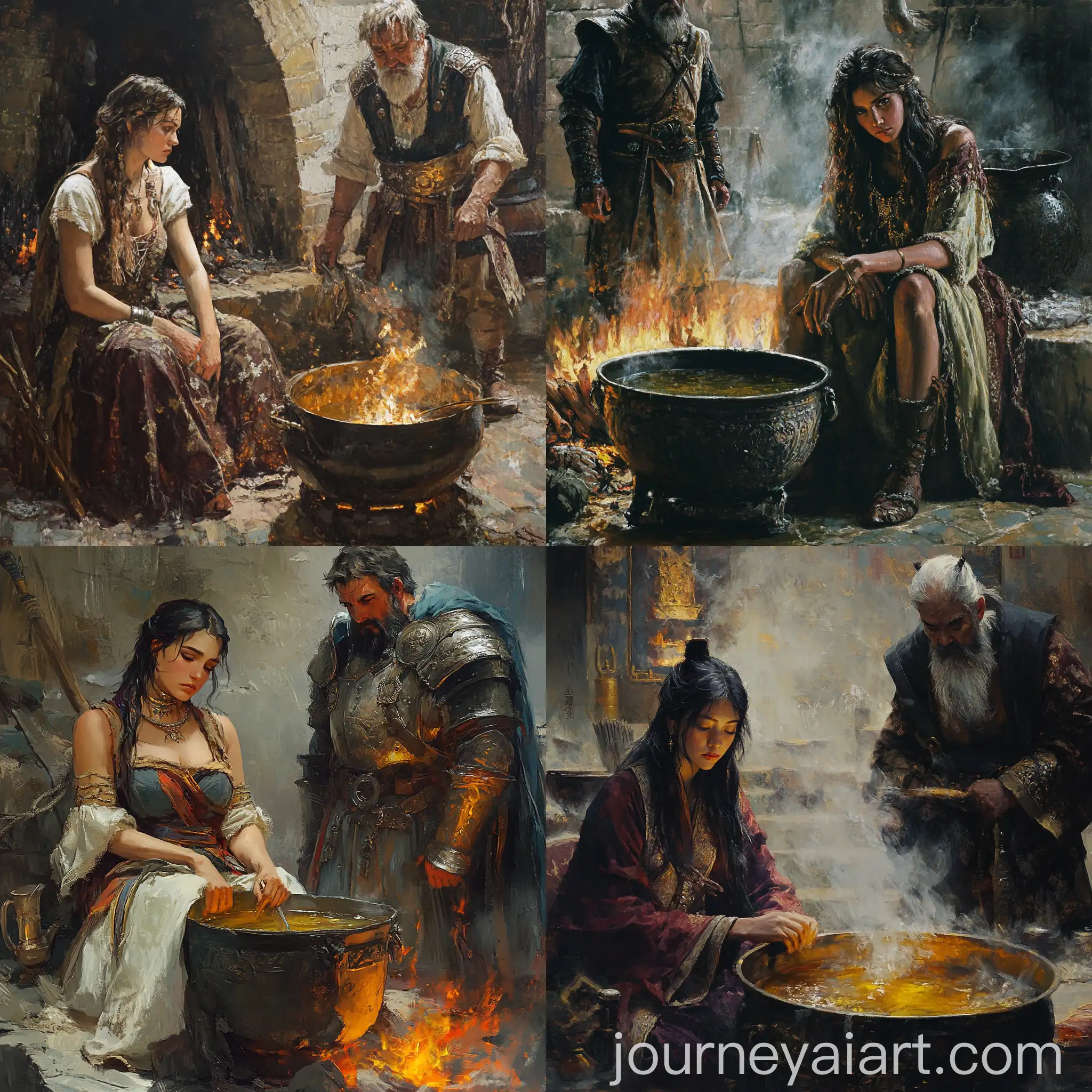 Artist-Preparing-Oil-for-War-Near-Fire-with-King-Watching