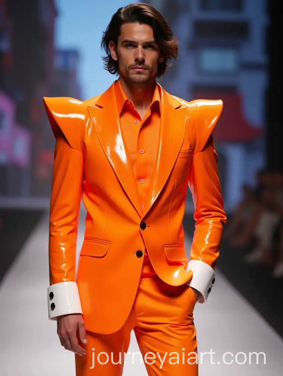 Male-Model-in-Bold-Orange-Glossy-Suit-on-Runway-with-Pop-Art-Influences