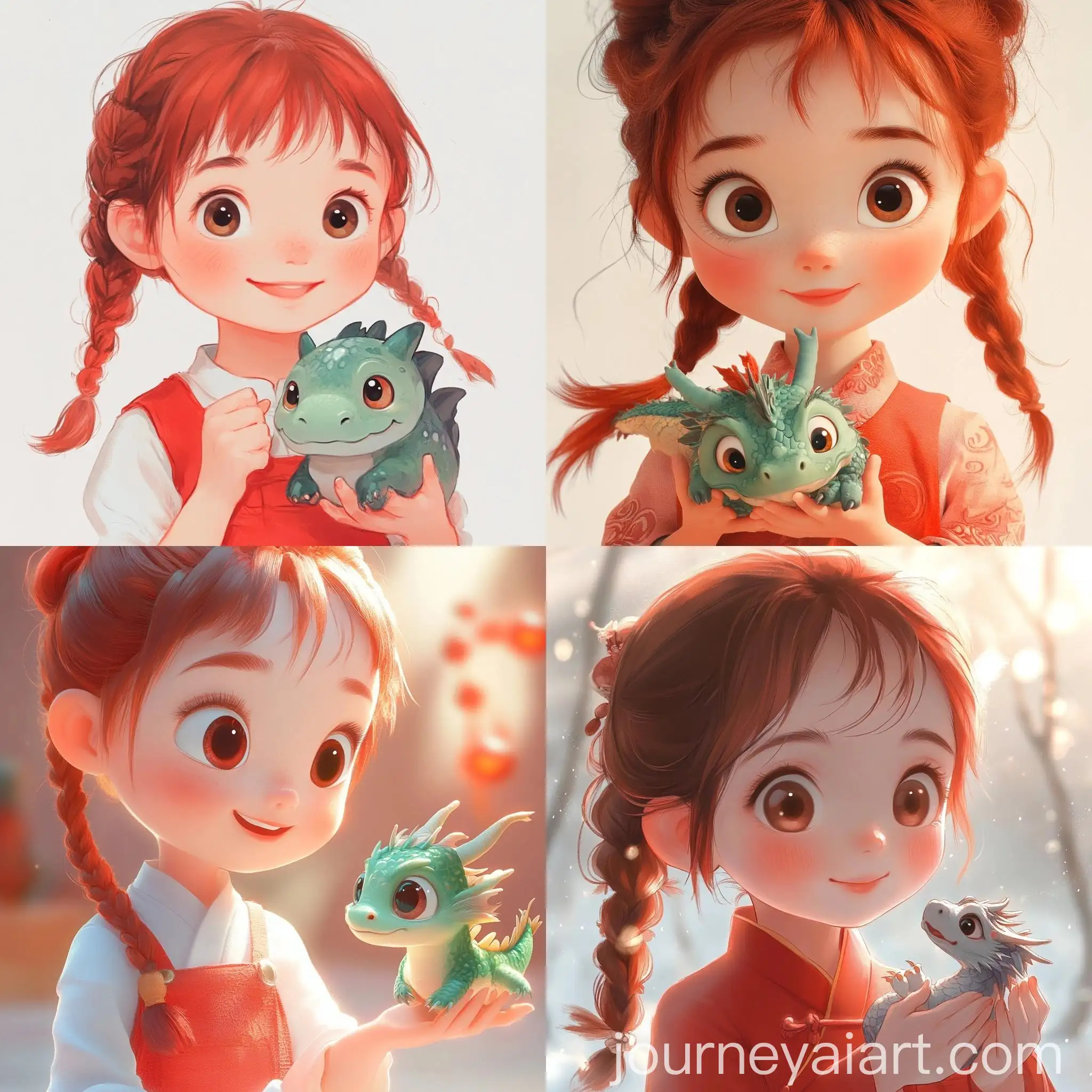 CloseUp-Japanese-Illustration-Cute-Young-Chinese-Girl-with-Red-Hair-and-Chinese-Dragon