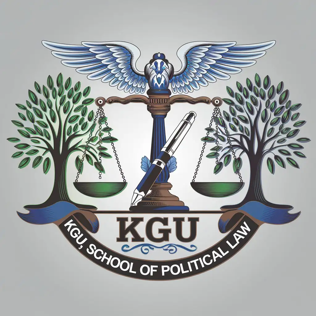 a vector logo design,with the text "KGU, School of Political Law", main symbol:Use the balance symbol: The symbol of the balance wing can represent fairness and justice in the legal profession, as well as stability and fairness in politics.

Use images of trees: A tree can signify growth, stability, and sustainability in both the legal and political spheres.

Use the image of the letter or pen: A symbol of communicating the message and writing in the field of law and politics.

Use mainstream colors: Blue, green, black, and white are often used to create a professional and reliable look, reflecting stability and prestige in both areas.

Be creative and unique: Try researching and creating a unique and innovative idea for your logo so that it stands out and is easy to remember, and reflects the diversity and richness of the legal and political industries. and it is mandatory to have a laurel wreath and balance,complex,be used in Legal industry,clear background