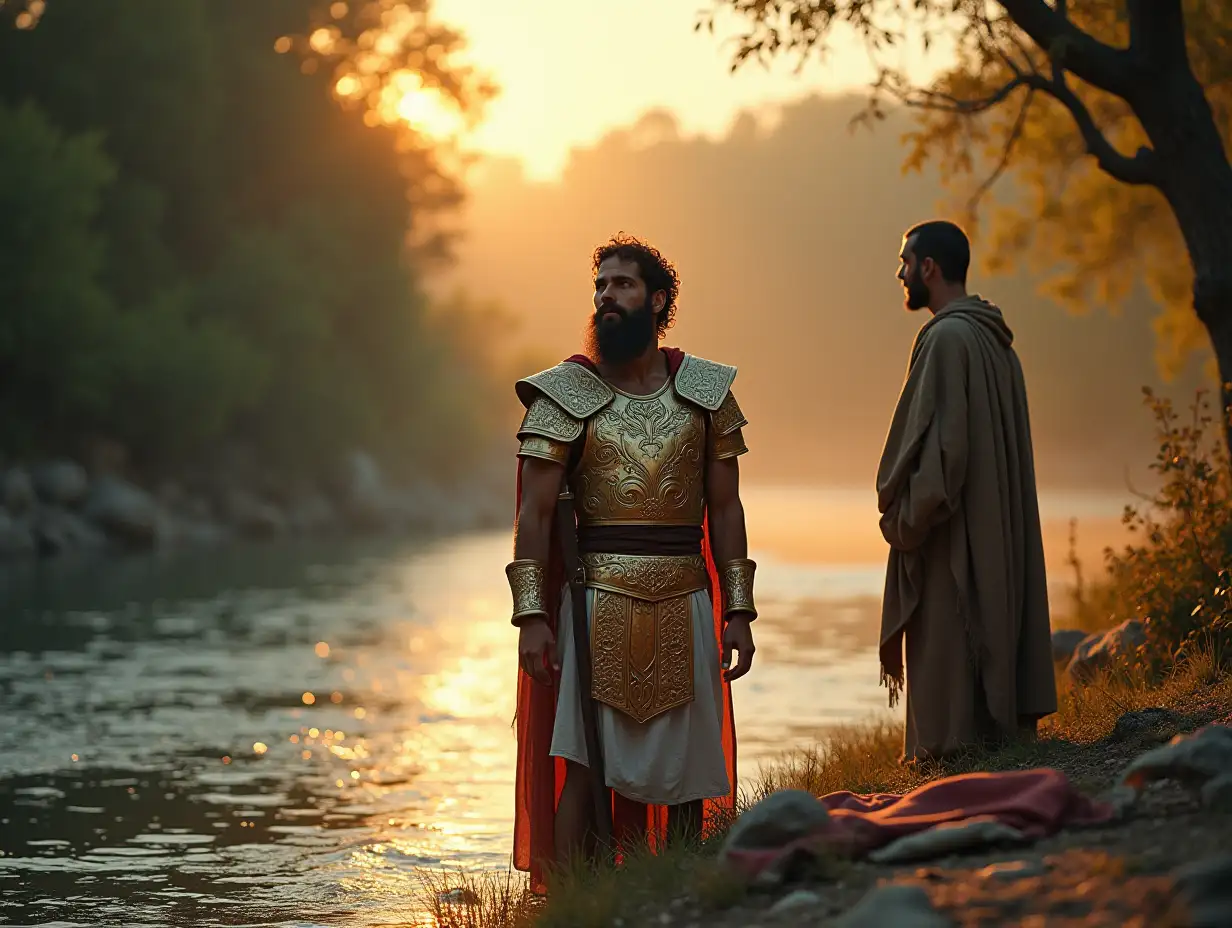 An artistic depiction of Naaman, a noble and strong Syrian commander, standing by the Jordan River at dawn. The scene shows Naaman in a moment of humility, partially submerged in the water, as he looks up with a contemplative and hopeful expression. His elegant, gold-embroidered armor is set aside on the riverbank, symbolizing his surrender and faith. Nearby, a servant watches respectfully, holding a robe. The background features a serene river surrounded by lush greenery and soft mist, with warm sunlight breaking through the trees, creating an atmosphere of divine presence. This portrayal emphasizes transformation, healing, and faith.