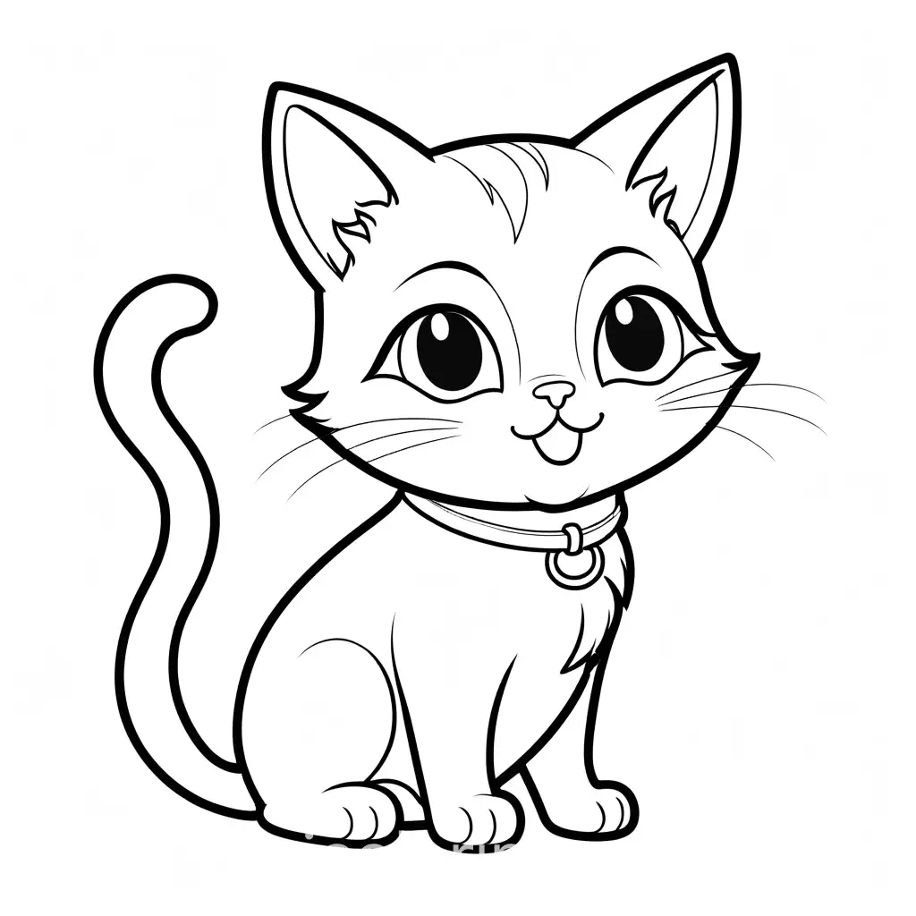 friendly cartoon character, cat , Coloring Page, black and white, line art, white background, Simplicity, Ample White Space. The background of the coloring page is plain white to make it easy for young children to color within the lines. The outlines of all the subjects are easy to distinguish, making it simple for kids to color without too much difficulty