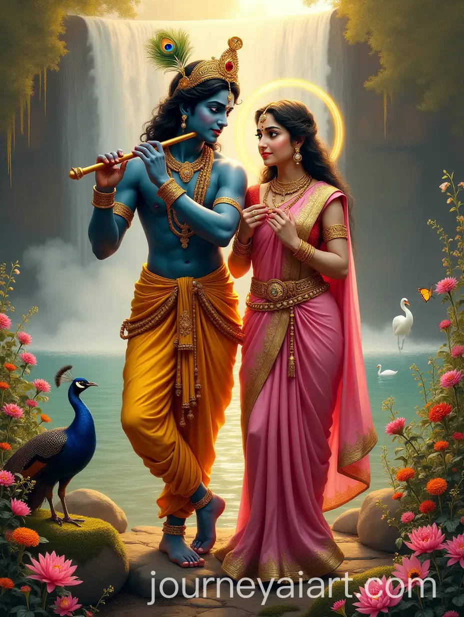 Krishna-Radha-Artwork-PromptKrishna-and-Radha-in-Divine-Harmony-by-Waterfall-with-Floral-Surroundings