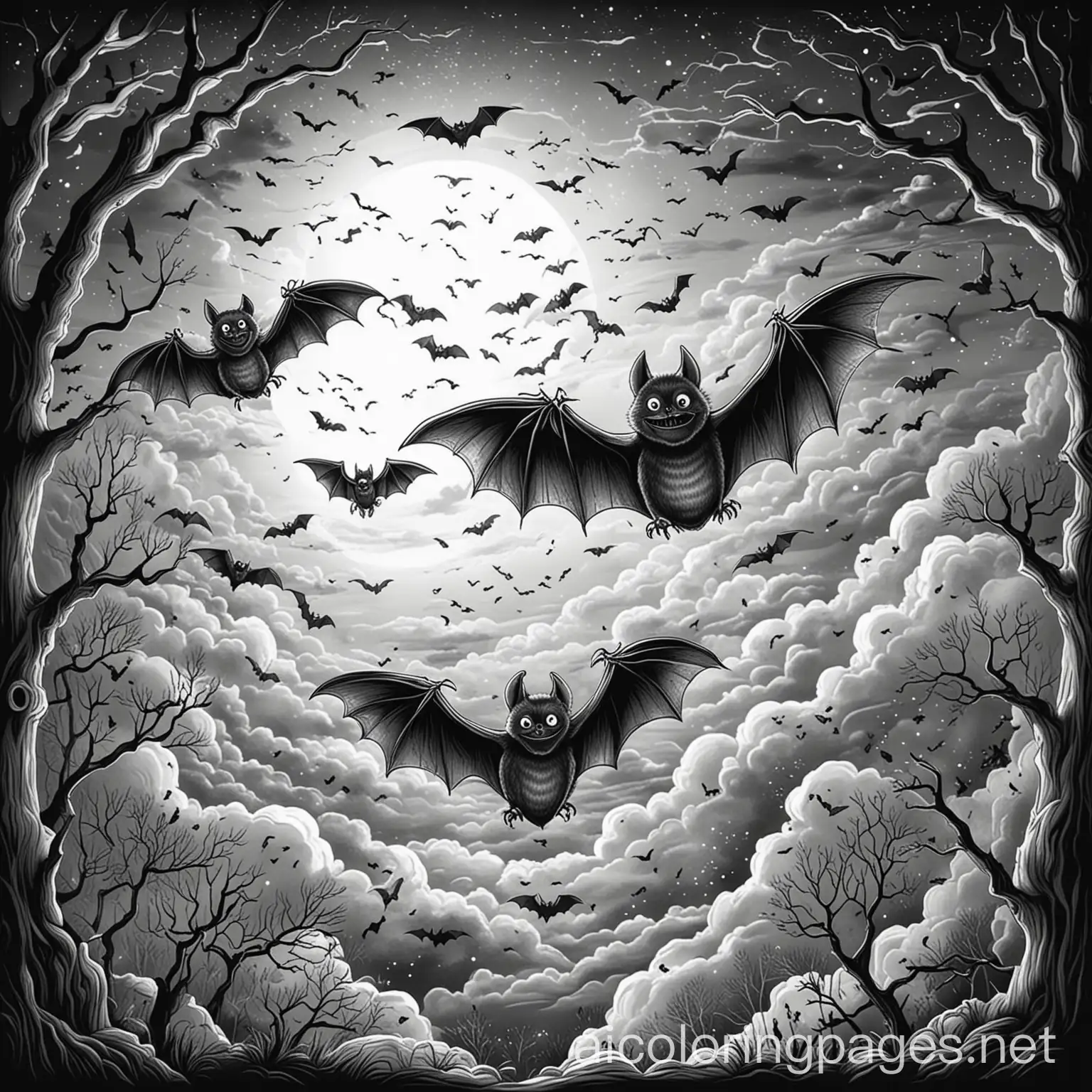 Spooky-Bats-Flying-in-Night-Sky-Coloring-Page