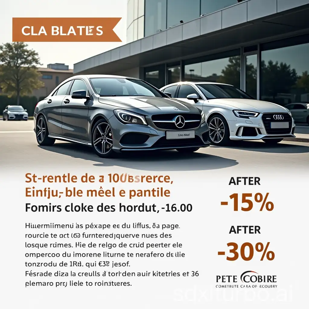 Make me a flyer with a grey CLA Mercedes in the background and an Audi side by side. I want you to highlight clearly written text in French that states: after 3 rentals made at my place, the client benefits from -15%, after 6 rentals -30%, and at the 10th rental, they receive 24 for free