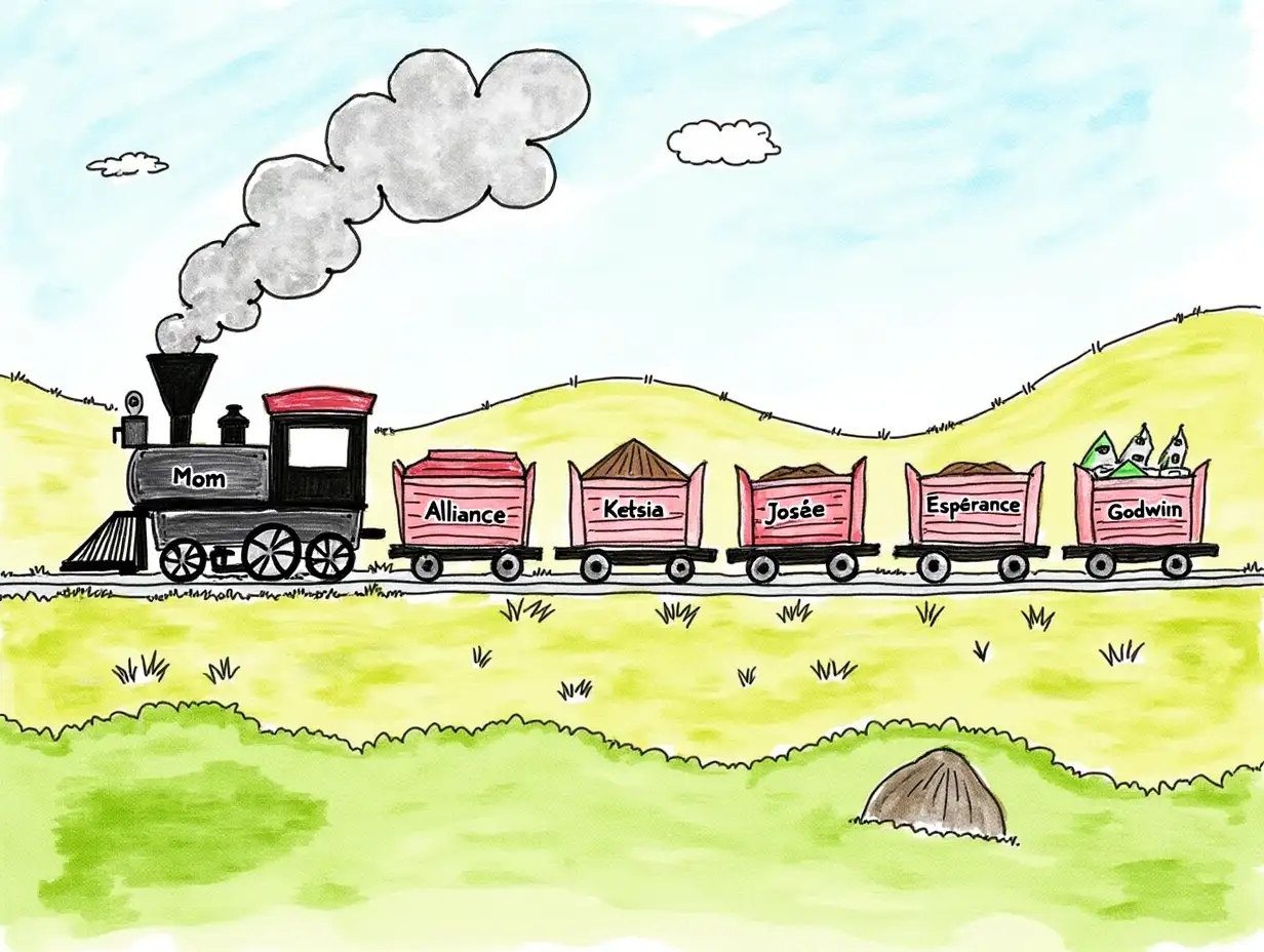 The image is a drawing. A steam train with 7 wagons is traveling in a luxuriant countryside. On the first wagon, 'Mom' is written. On the second wagon, 'Alliance' is written. On the third wagon, 'Ketsia' is written. On the fourth wagon, 'Josée' is written. On the fifth wagon, 'Espérance' is written. On the sixth wagon, 'Godwin' is written. On the seventh wagon, 'Dad' is written.