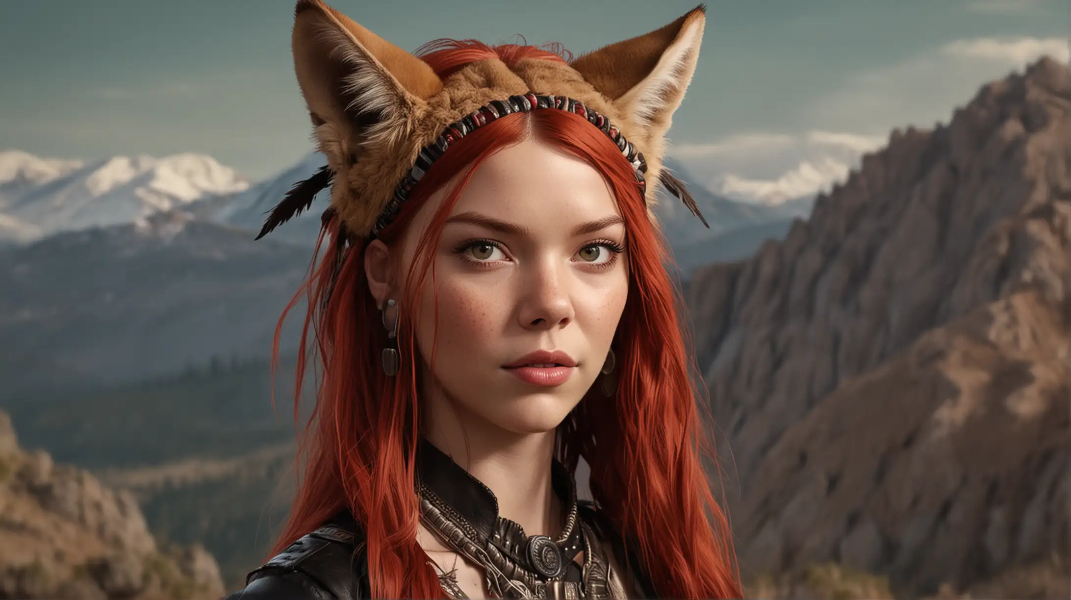 Native American Female Character with Mountain Lion Headdress and Red Leather Outfit