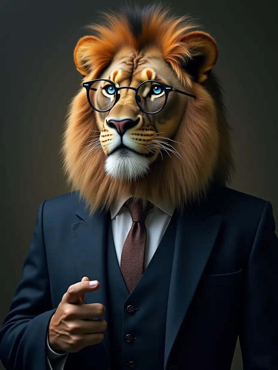 The image of a male lion with a human-like body, a large mane, and wearing a suit, looking exactly like a tall, elegant man, but with the face and hands of a lion.n The lion itself has blue eyes and a beautiful, charming appearance, and with Harry Potter glasses, it resembles a doctor.