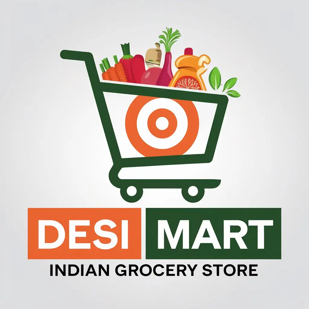 LOGO Design for Desi Mart Vector Logo with Indian Grocery Theme Featuring Orange White and Green Colors