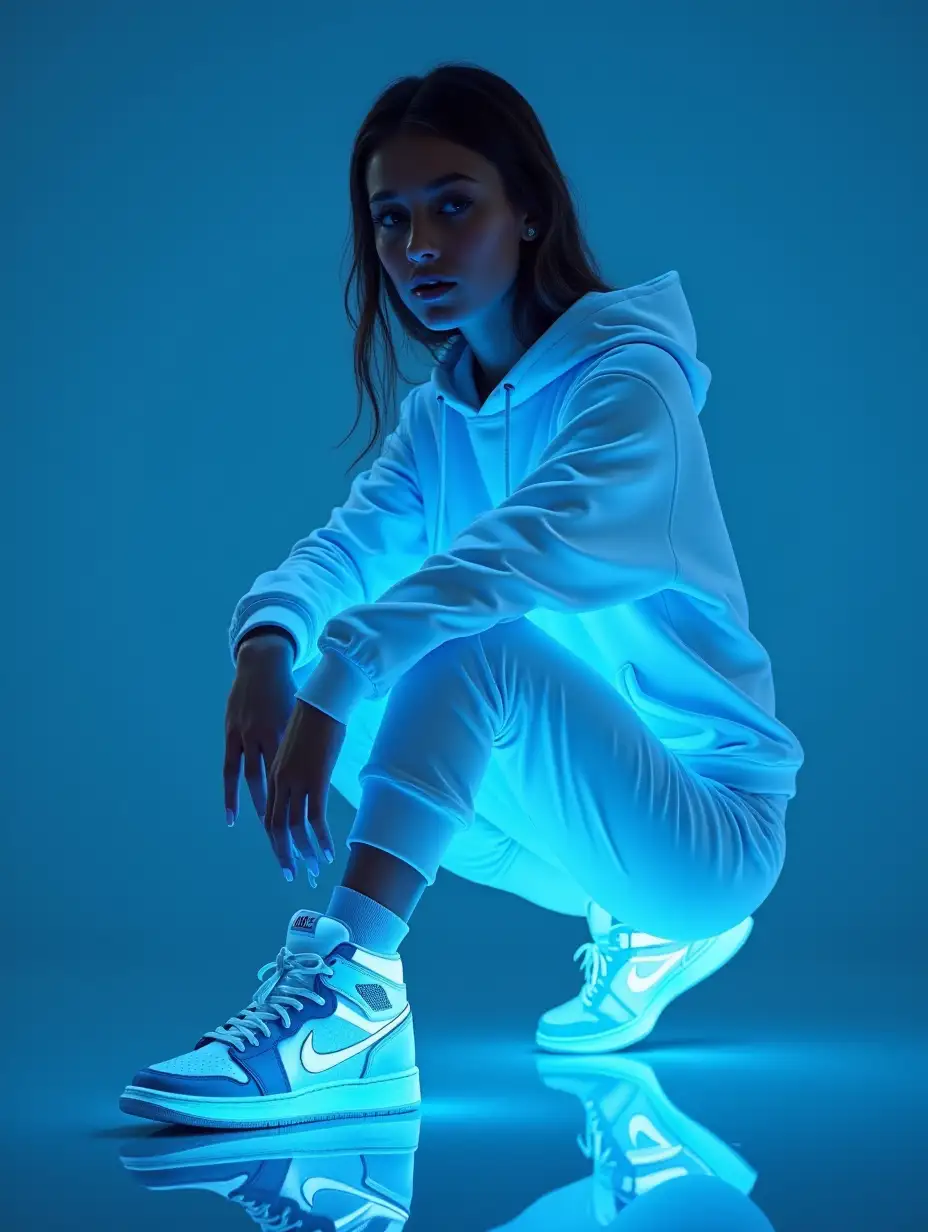 Generate an image of a female model wearing a blue luminous light white latex sports wear hoodie and joggers wearing blue luminous light a Nike Jordan shoes and reflecting on the floor posing like photoshoot in photo realistic