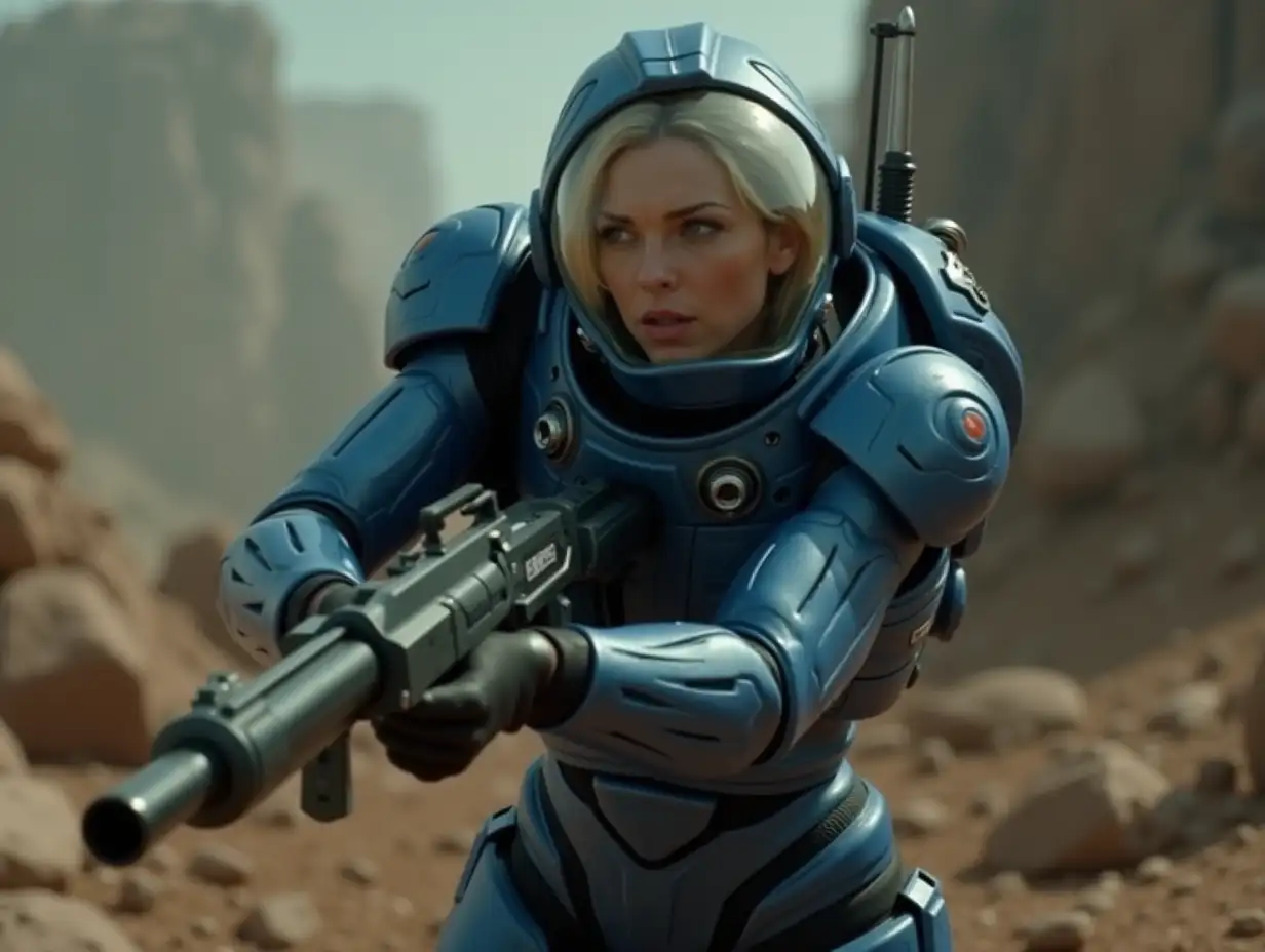 Video From Starcraft era Wide angle, dynamic motion: Julie Raynor in her iconic Terran Blue battlesuit with transparent glass head armor, firing a pulse rifle in a chaotic Starcraft battlefield. Camera follows her as she moves through the war-torn environment, capturing the cinematic intensity of the moment.