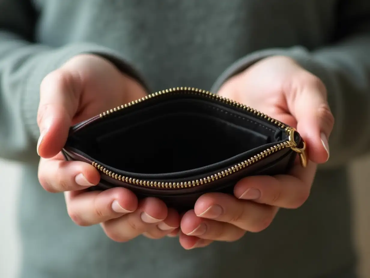 Close-up of hands holding an empty wallet symbolizing financial struggle and economic hardship