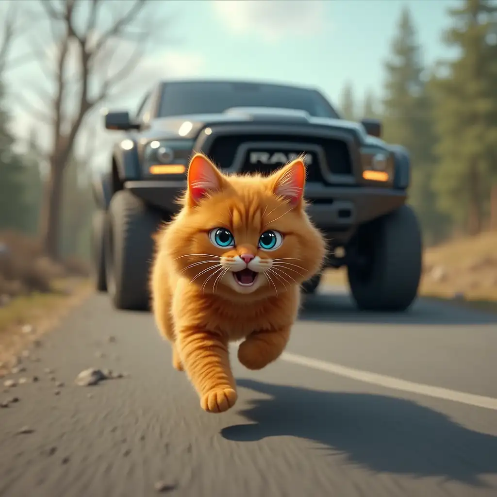 Big fluffy ginger cat, one blue eye, other yellow, earring on one ear, running scared down the road, chased by a scary black Dodge Ram TRX, computer graphics style