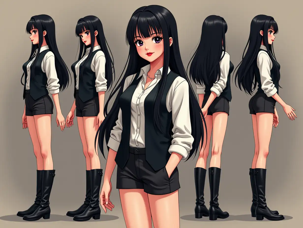 ultra hd very detailed 2D Drawing of Anime characters models of a pretty attractive young single female character with a mysterious background. The character has red lipstick long black hair and wears a white shirt and a black vest and short black shorts and boots Tetsuo Hara animation, Junji ito animation combined with Douglas Wiley animation style , Tex Avery, Chuck jones animation style character animation sheet