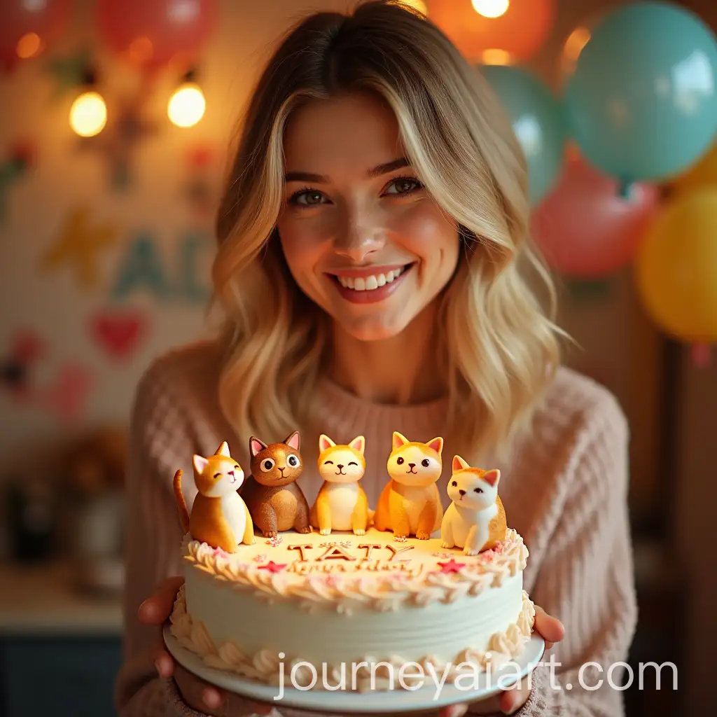 Woman-Smiling-with-Playful-CatThemed-Birthday-Cake-and-Balloons