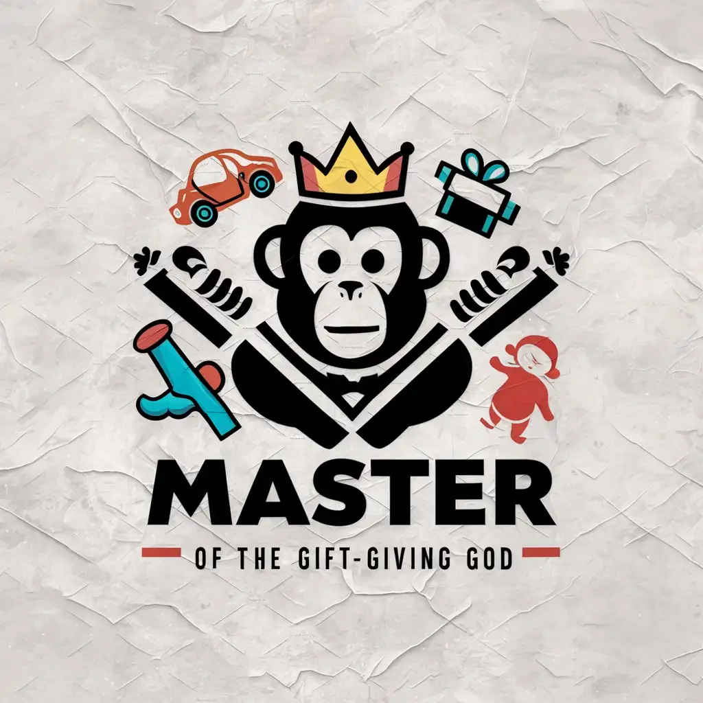 a vector logo design,with the text "Master of the gift-giving god", main symbol:wearing a crown monkey, car, gift, toy, water gun, doll,complex,be used in Others industry,clear background