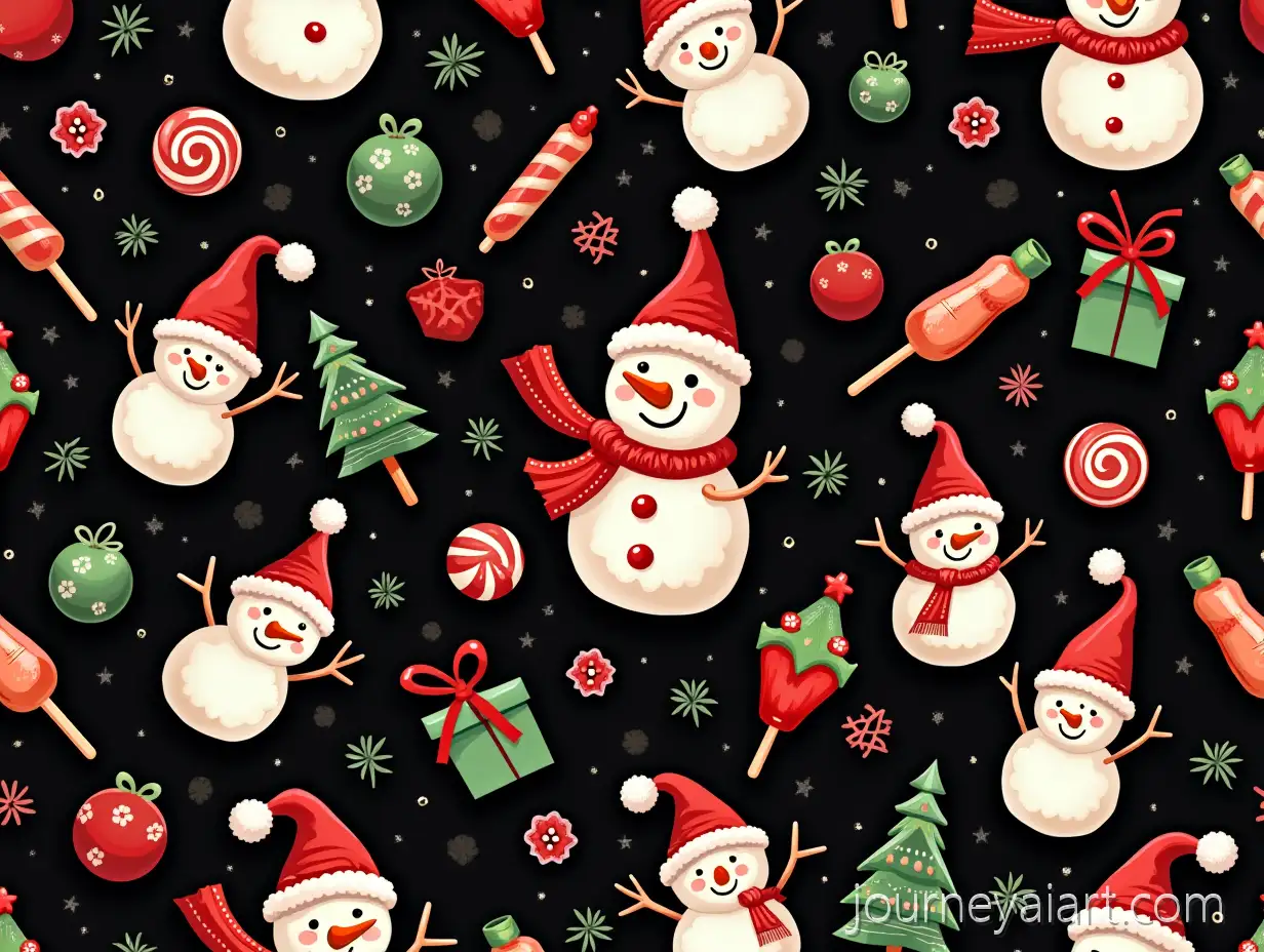 Seamless-Christmas-Pattern-with-SnowAI-Image-Prompt-Expansionman-Santa-Hat-Candies-and-Christmas-Decorations-on-Black-Background