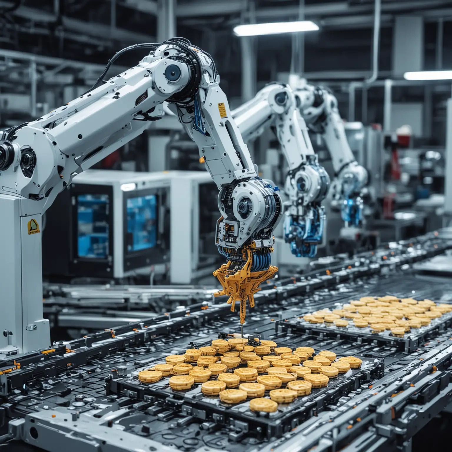 six-axis robotic arm on the production line, producing chips, blue technology style