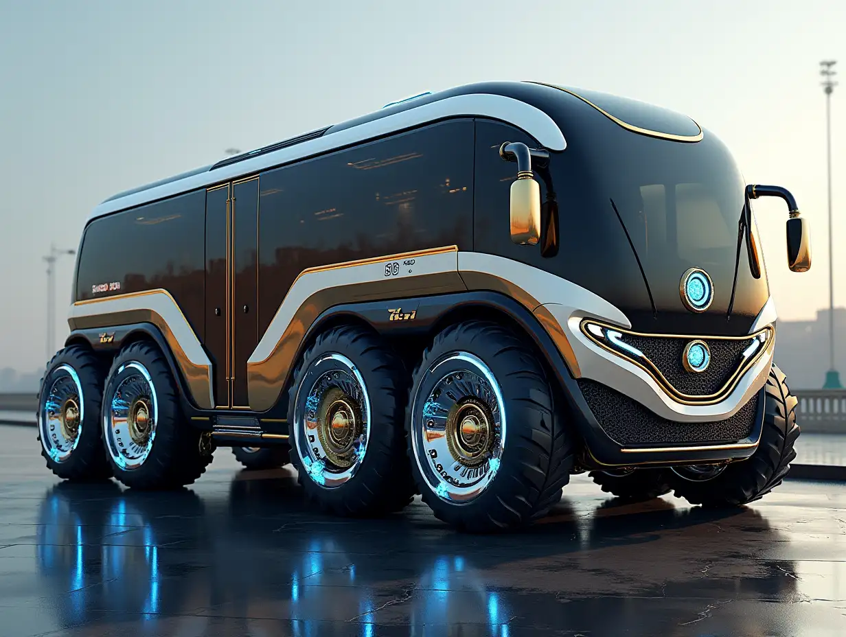 A super modern bus with 10 wheels and blue LED headlights gold white black Steampunk