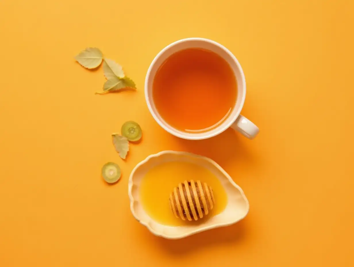 Cup of linden tea and bowl with honey on orange background