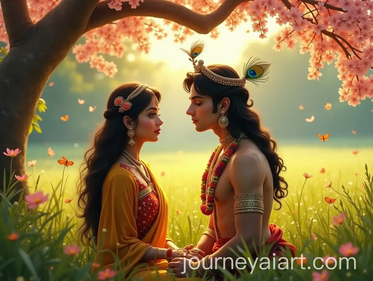 Divine-Krishna-and-Radha-First-Meeting-in-Vrindavan-under-Kadamba-Tree