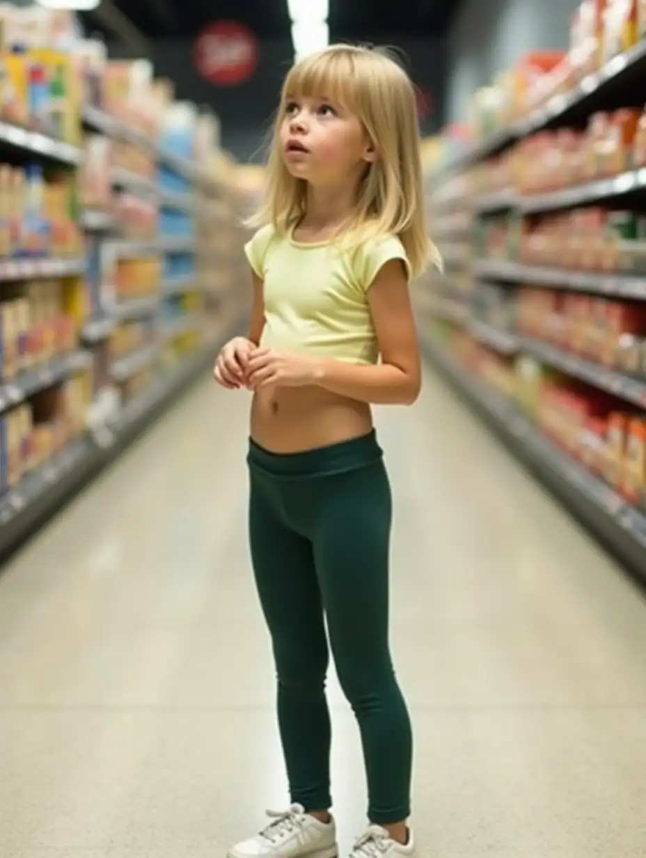 Slender-Young-Girl-in-Supermarket-Aisle-with-Pale-Yellow-Top-and-Green-Leggings