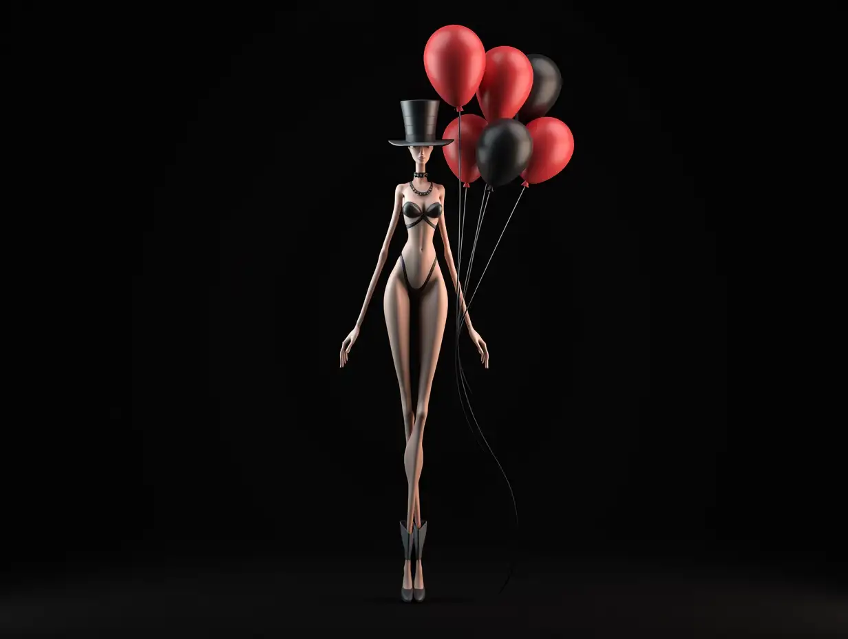 A very long 3D female figure with extremely thin legs and long thin arms, with a top hat and boots and wearing jewelry. And is holding several balloons in 4K resolution Colorful black background