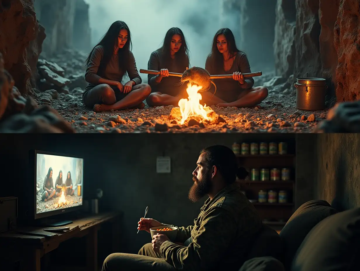 The image is divided into two parts horizontally. At the top, on the ground among ruins, a group of three glamorous women in rags, homeless people, are roasting a rat on a spit over a fire. Below, from the bunker, a bearded man in camouflage sits on a couch, watching this scene with interest on the monitor screen, eating canned stew with a spoon. Along the walls of the bunker, shelves with rows of cans of preserves. Photorealism.