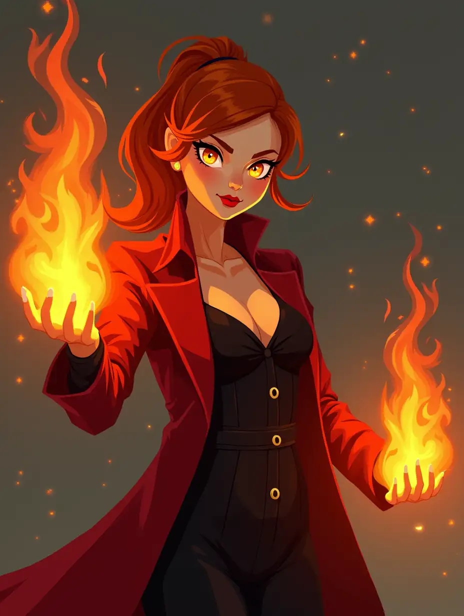 redhead sorceress, which casting a massive fire spell, fire around, glowing flame eyes, graphic nouvelle painting, 2d art style, flat colors, looking into the camera, cleavage, red trench, ponytail, volumetric pro light, pro art photo, illustration, high exposure, cinematic dark grey tones, masterpiece, best quality, realistic, outdoor