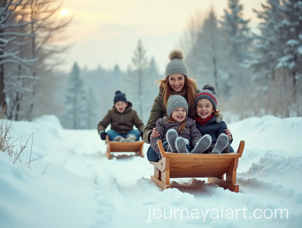 Family-Enjoying-Winter-Fun-on-a-Handcrafted-Wooden-Sled-in-Eastern-Europe